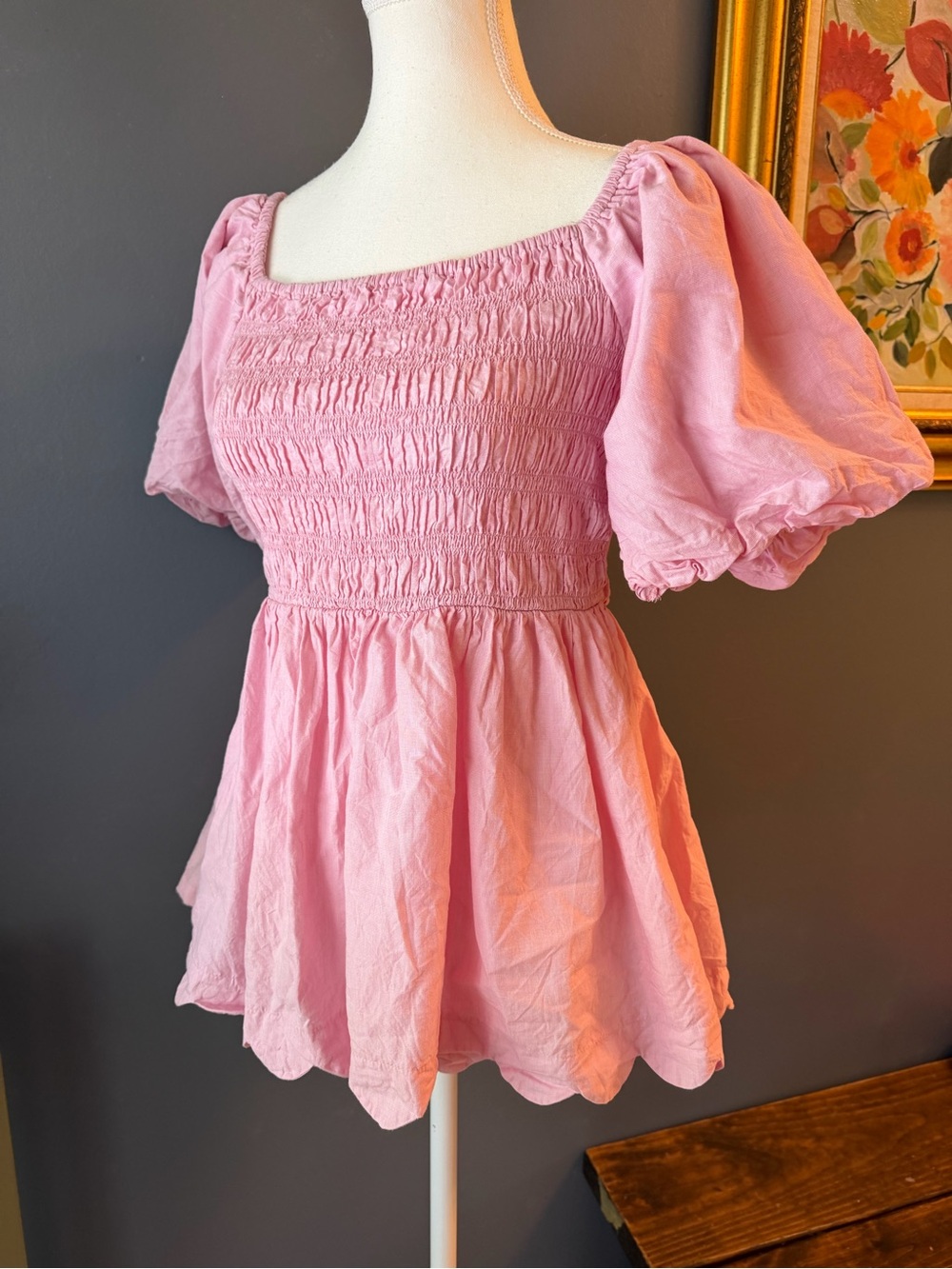 Pink Cottage Core Feminine Smocked Puff Sleeve Blouse